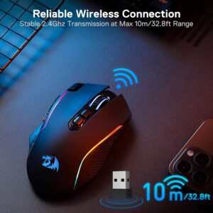 Redragon M810 Pro Wireless Gaming Mouse, 10000 DPI Wired/Wireless Gamer Mouse w/Rapid Fire Key, 8 Macro Buttons, 45-Hour Durable Power Capacity and RGB Backlit for PC/Mac/Laptop