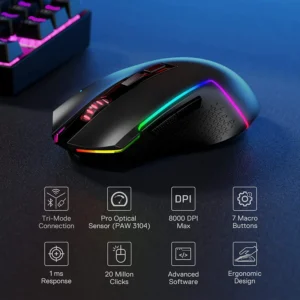 Redragon M693Gaming Mouse, 8000 DPI w/ 3-Mode Connection, BT & 2.4G Wireless, 7 Macro Buttons, Durable Power Capacity and RGB Backlight for PC/Mac/Laptop