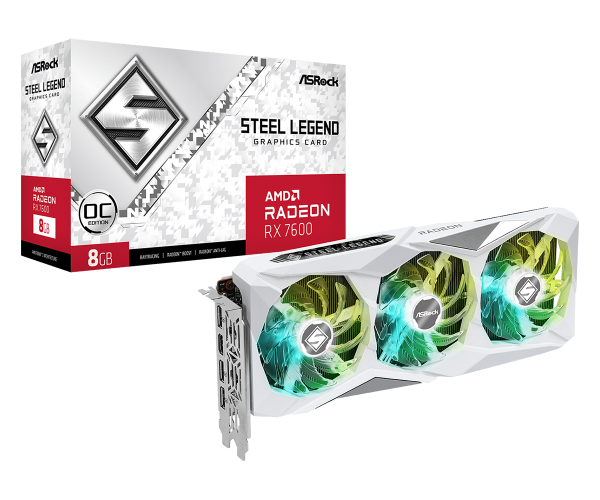 ASRock Radeon RX 7600 Steel Legend OC 8 GB GDDR6 Tri‑Fan | Up to 2725 MHz Boost