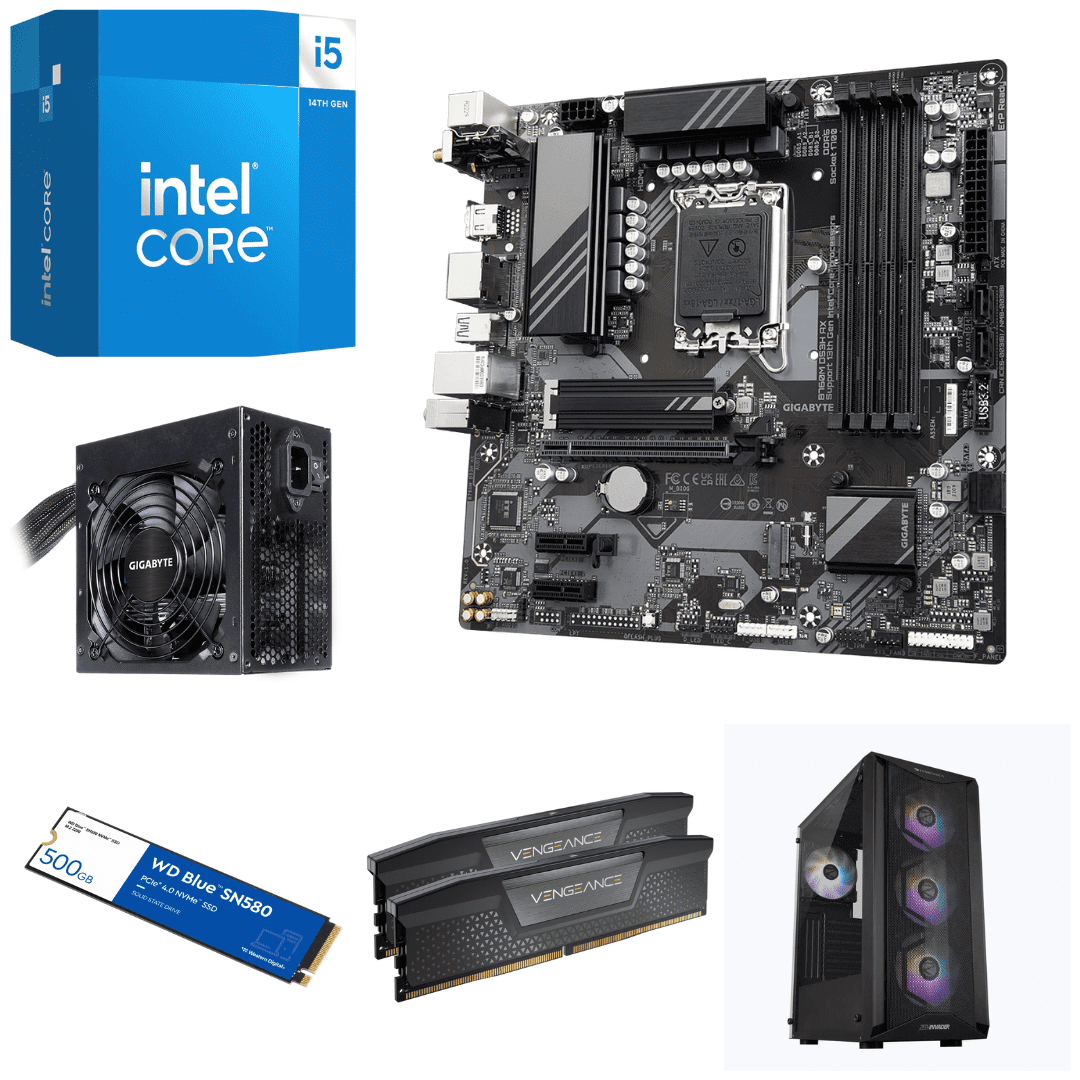 Assembled Computer KharidiyeBasic Intel Core i5-14500 with B760M DS3H AX DDR5 Motherboard, 32GB RAM DDR5, 500 GB Gen 4 Western Digital SSD, Gigabyte 650W SMPS and Zebronics Invender Black