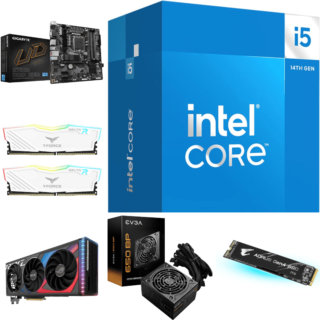 Assembled Computer KharidiyeBasic Intel Core i5-14500 with Gigabyte B760M DS3H DDR4 Motherboard. With Delta T-Force 16GB RAM, Aorus 1TB Gen 4 NVMe SSD, 650BP Bronze SMPS, Asus ROG Nvidia 4060 RTX Graphics Card, 360 Power Supply White and 7 Fan ARGB Cabinet