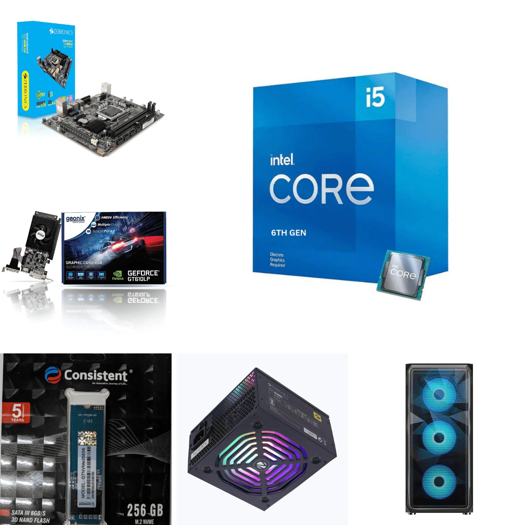 Assembled Computer KharidiyeBasic Intel Core i5 6th Gen with Zeb H110M2 Motherboard, with 8GB RAM, Consistent 256GB NVMe SSD, Geonix Ansel 4GB Graphics Card, Zebronics ZS500 SMPS, 4 Fan Cabinet