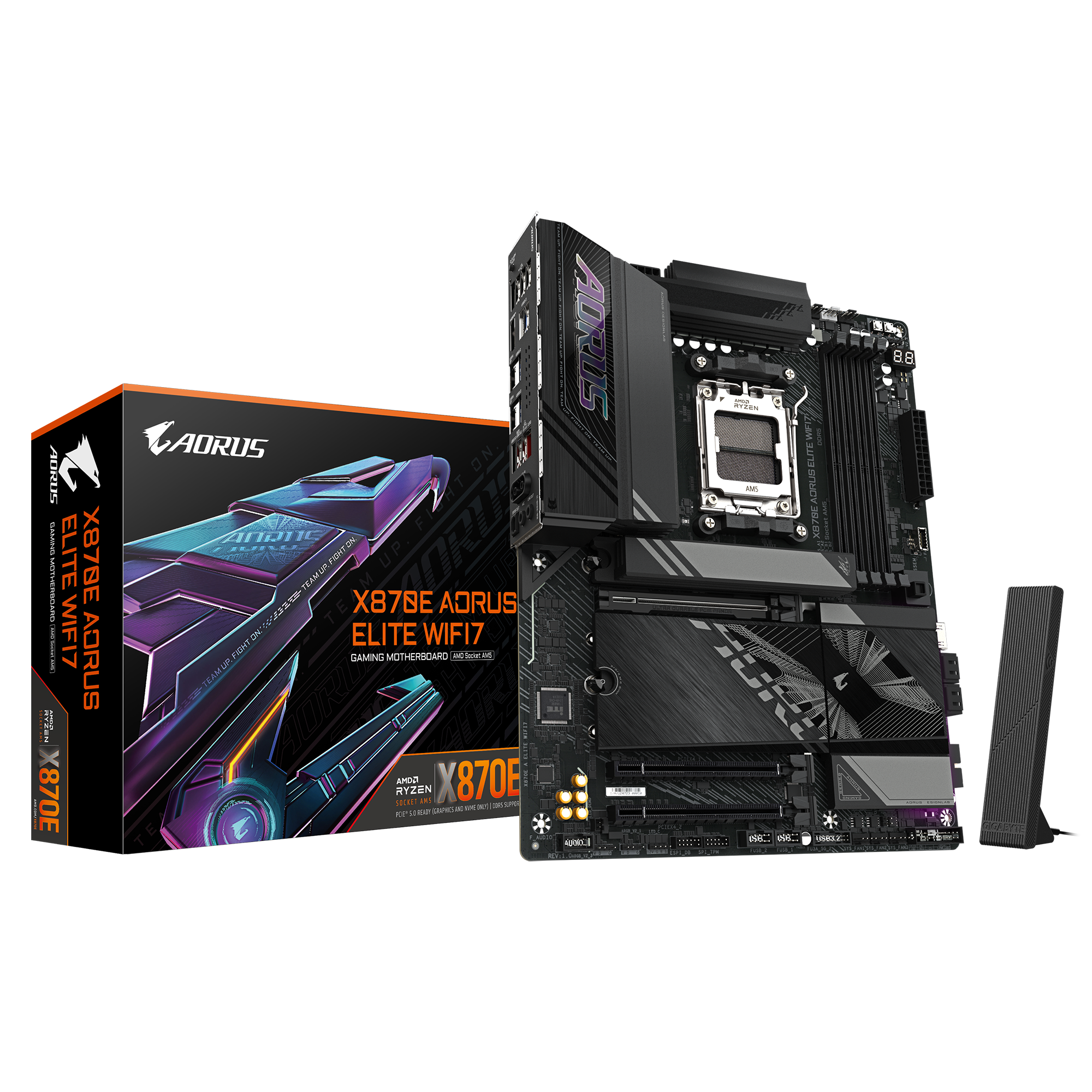 X870E AORUS ELITE WIFI7-01 Gigabyte X870E AORUS Elite WiFi7 AM5 ATX Motherboard with DDR5, Triple PCIe 5.0 M.2, USB4 & Wi‑Fi 7 - Image 1