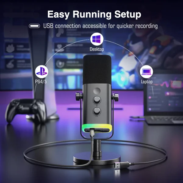 FIFINE AmpliGame AM8 USB/XLR Dynamic Microphone with RGB, Touch-mute, I/O Controls, Live Monitoring for Streaming - Image 5