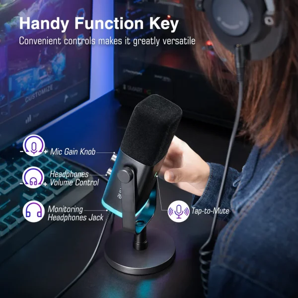 FIFINE AmpliGame AM8 USB/XLR Dynamic Microphone with RGB, Touch-mute, I/O Controls, Live Monitoring for Streaming - Image 4