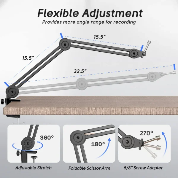 FIFINE BM63 Boom Arm Stand with 15.5" Arms, Build-in Springs, Handling Max 2 Kilograms of Weight for All Standard Mics, Mounts - Image 6