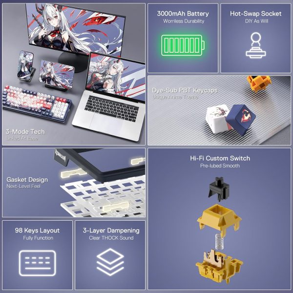 Redragon Eisa Pro K686 Pro Wired+2.4Ghz+BT Mechanical Keyboard Anime Theme (Custom Hi-Fi Linear Switch) - Image 3