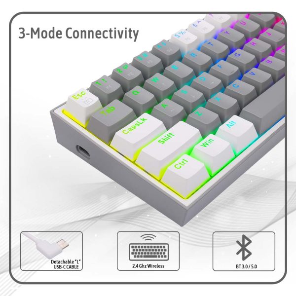 Redragon Fizz Pro K616 - 60% Wired+2.4Ghz+BT Mechanical Keyboard Grey and White (Red Switch) - Image 4