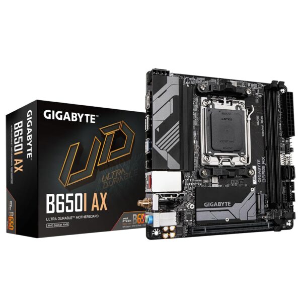 GIGABYTE B650I AX Mini-ITX Motherboard – AM5 Socket, Ryzen 7000/8000/9000 Support, DDR5, PCIe 4.0 M.2, Wi-Fi 6E, 2.5GbE LAN, HDMI/DP, Smart Fan 6, Q-Flash Plus