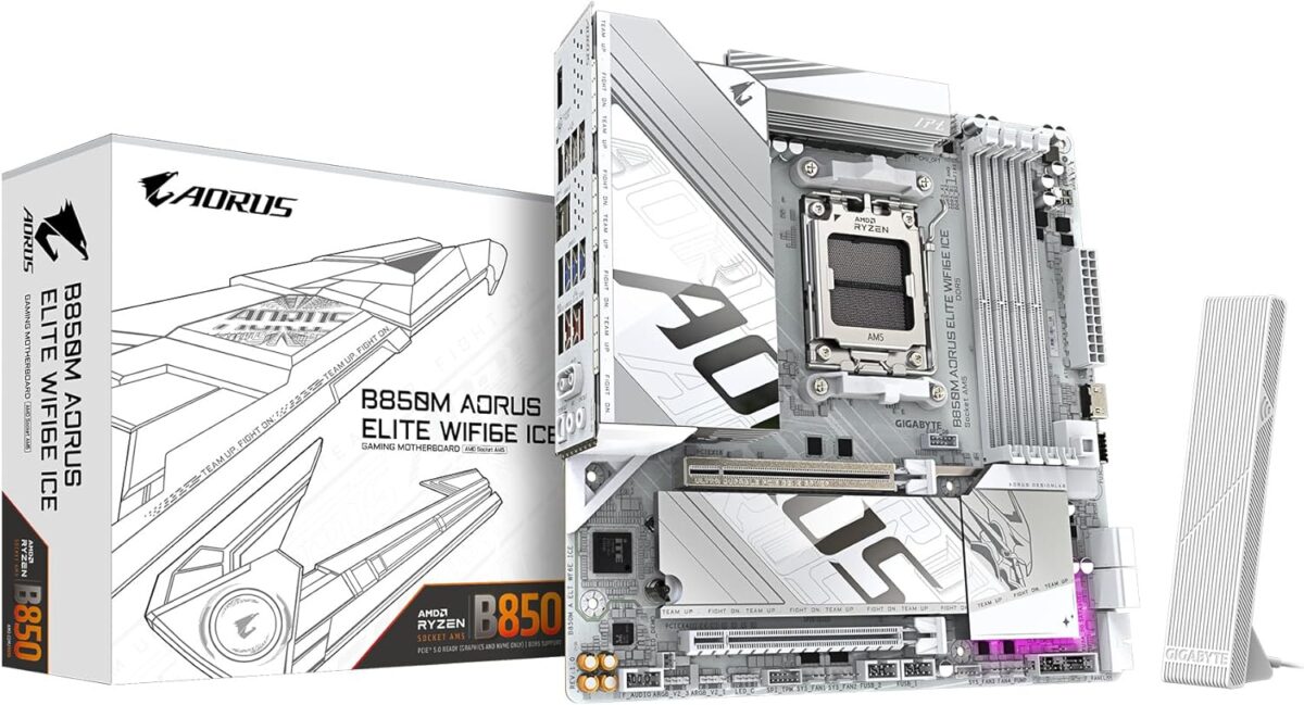 GIGABYTE B850M AORUS Elite WIFI6E ICE AMD AM5 LGA 1718 Motherboard, mATX, DDR5, 2X M.2, PCIe 5.0, USB-C, WIFI6E, 2.5GbE LAN, EZ-Latch - Image 1