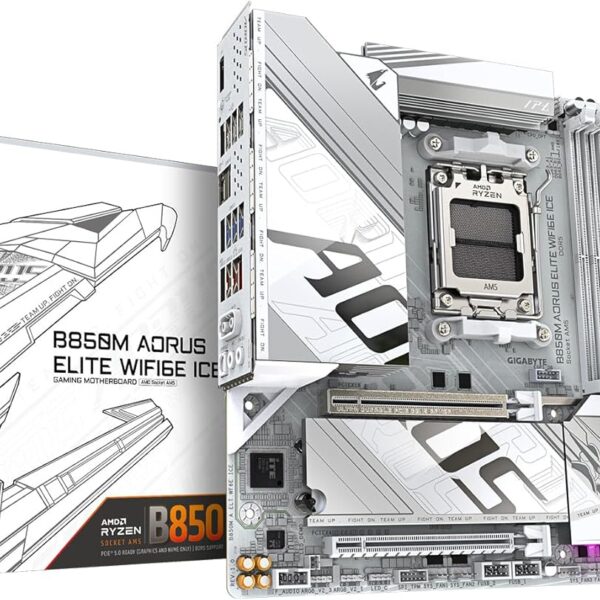 GIGABYTE B850M AORUS Elite WIFI6E ICE AMD AM5 LGA 1718 Motherboard, mATX, DDR5, 2X M.2, PCIe 5.0, USB-C, WIFI6E, 2.5GbE LAN, EZ-Latch
