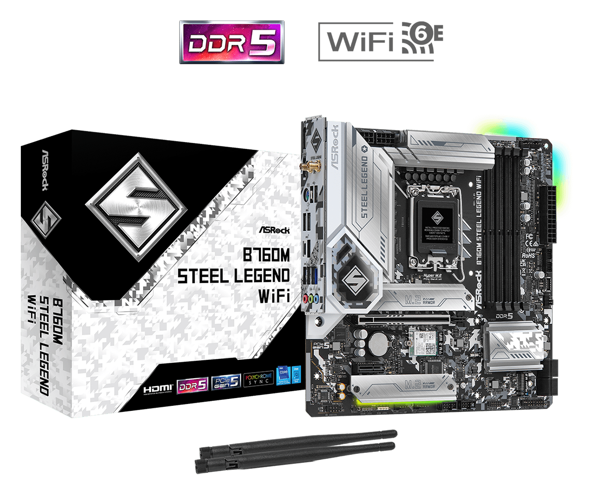 ASRock B760M Steel Legend WiFi Micro‑ATX LGA1700 Motherboard DDR5‑7200+ OC | PCIe 5.0 + Wi‑Fi 6E