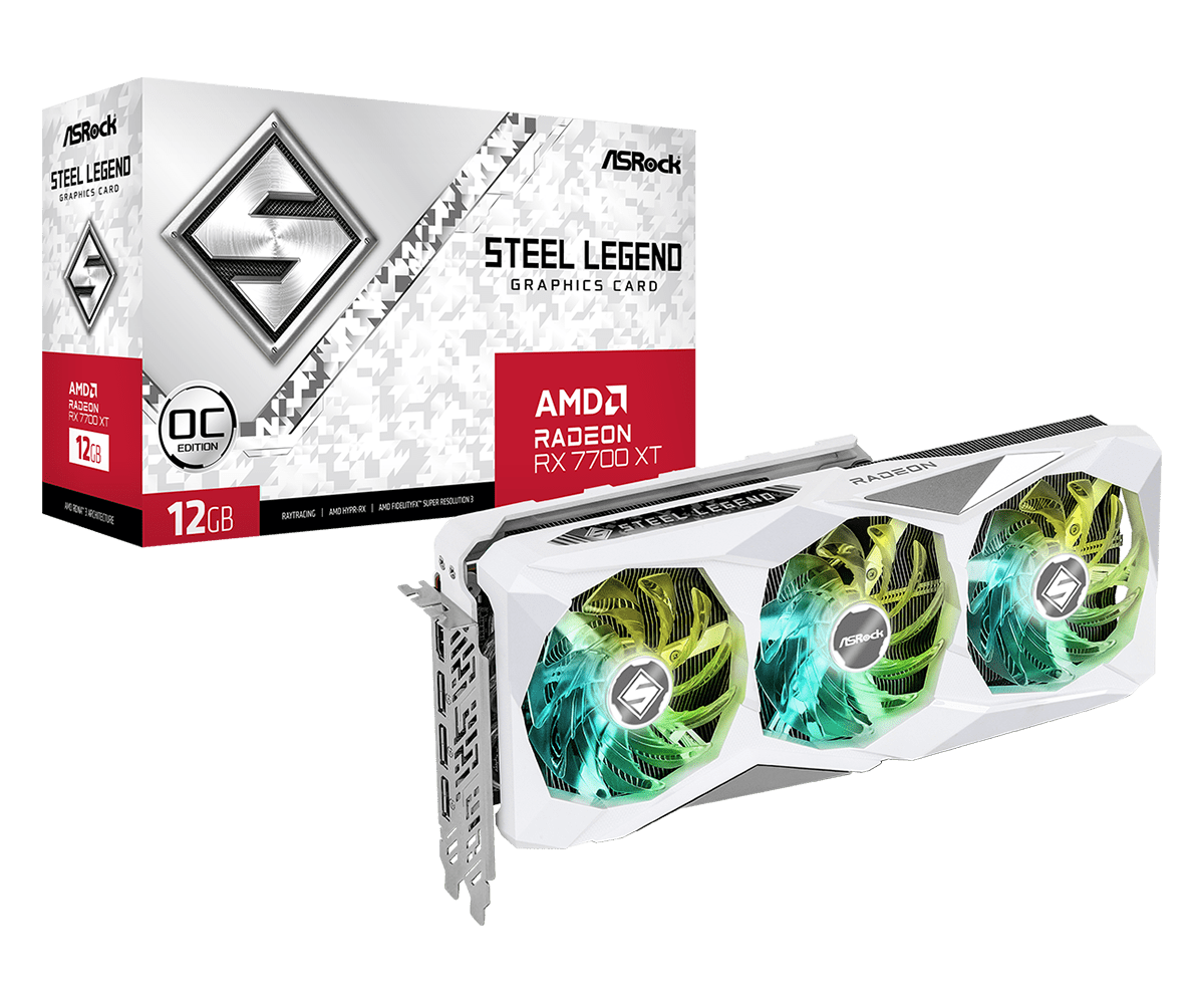 ASRock Radeon RX 7700 XT Steel Legend OC 12 GB GDDR6 Triple‑Fan | 2.6 GHz Boost