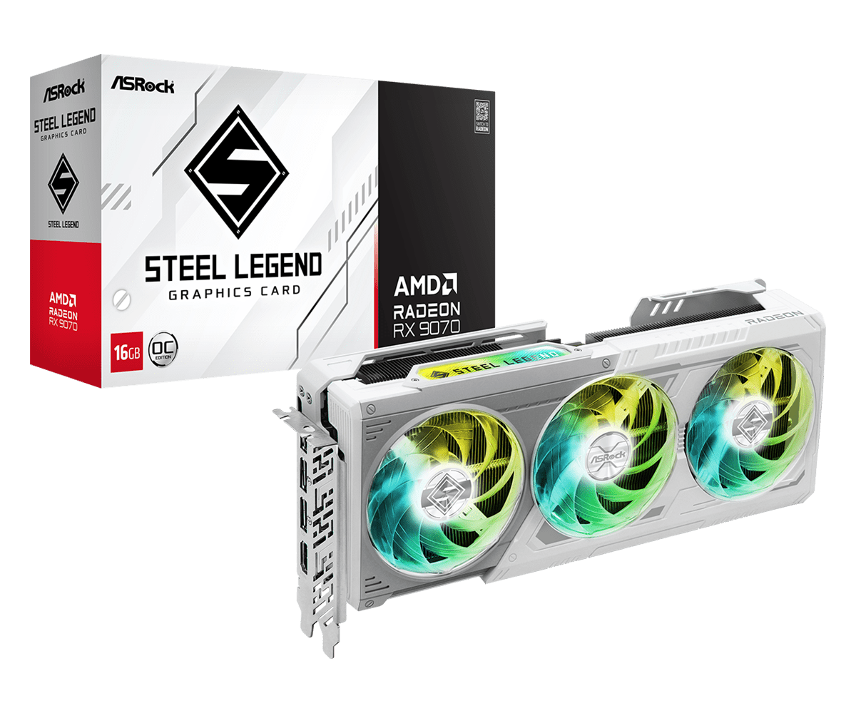 ASRock Radeon RX 9070 Steel Legend OC 16 GB GDDR6 Triple‑Fan | 2700 MHz Boost