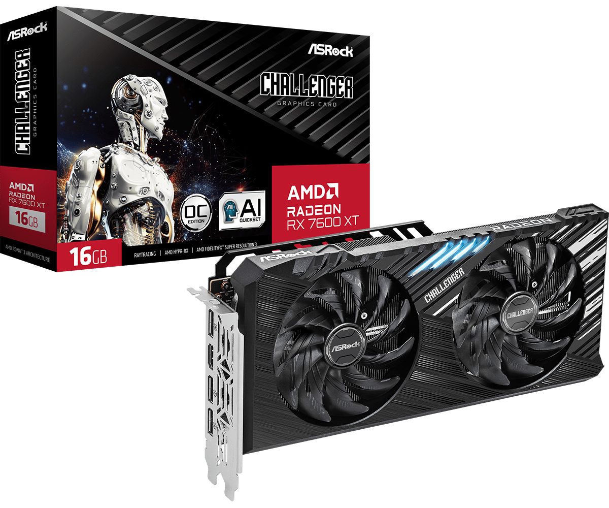 ASRock Radeon RX 7600 XT Challenger OC 16 GB GDDR6 Dual‑Fan Up to 2799 MHz Boost