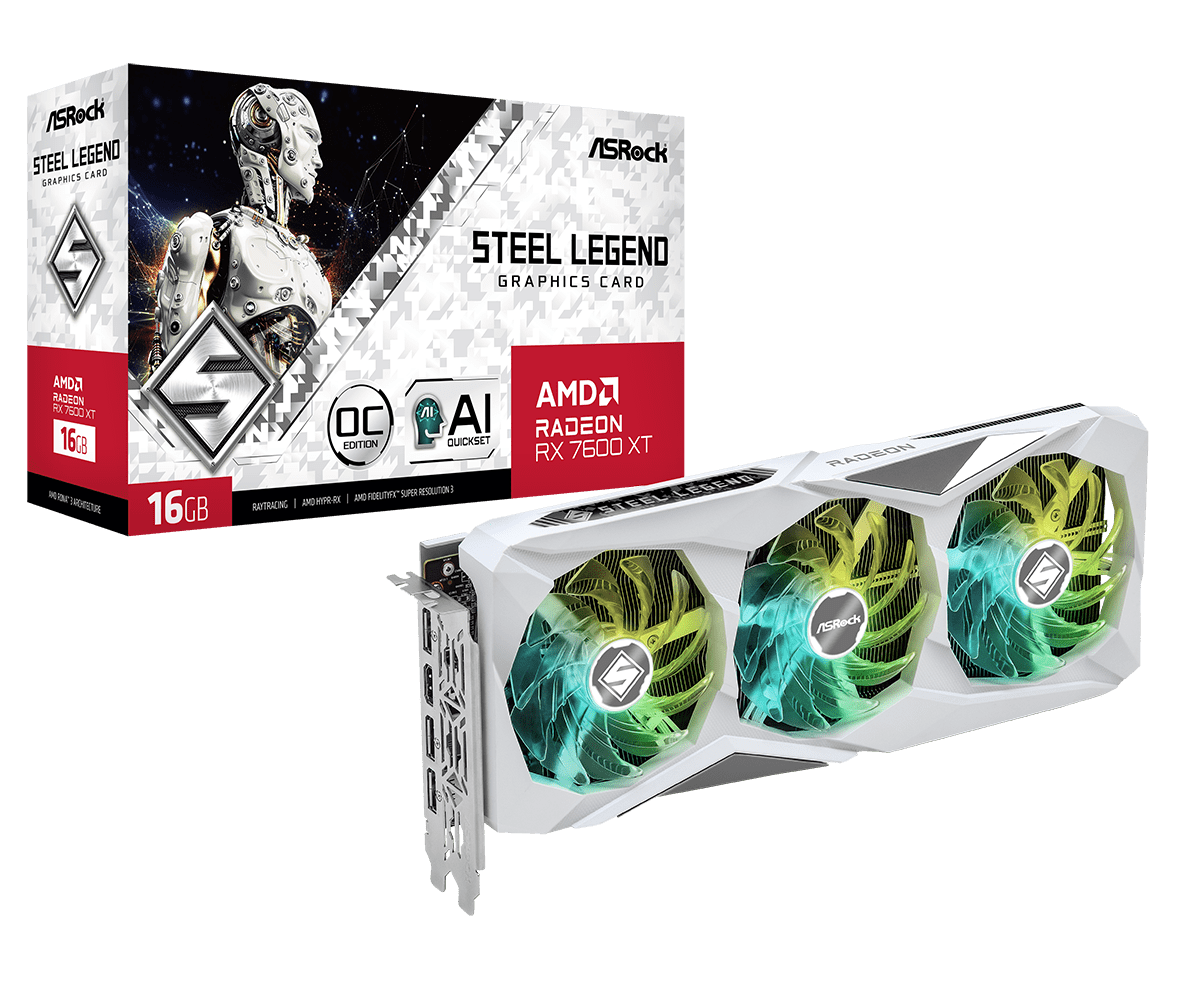 ASRock Radeon RX 7600 XT Steel Legend OC 16 GB GDDR6 Tri‑Fan | Up to 2810 MHz Boost