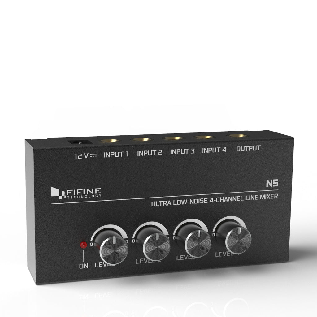 FIFINE N5 Four-Channel Line Mixer with Individual Volume Controls – Compact Audio Mixing Solution