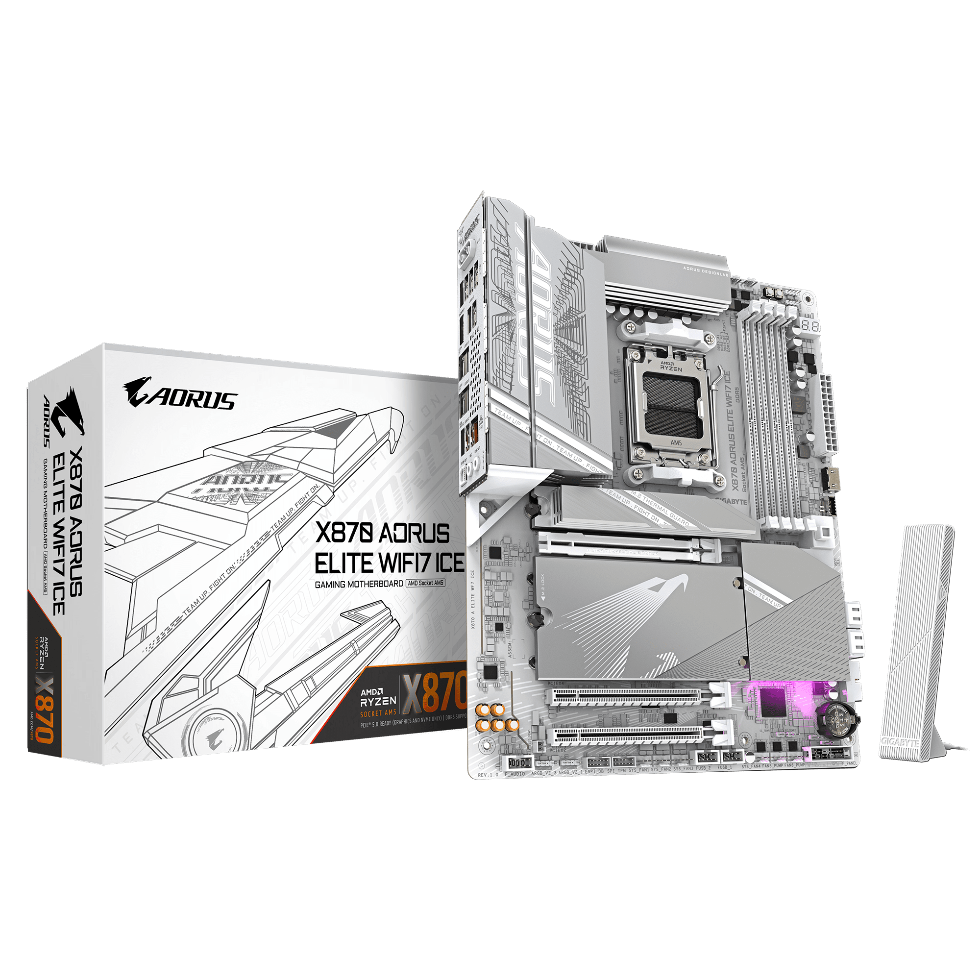 Gigabyte X870 AORUS Elite WiFi7 ICE AM5 ATX Motherboard with DDR5, PCIe 5.0, USB4, Gen5 M.2, and Frosted White Design