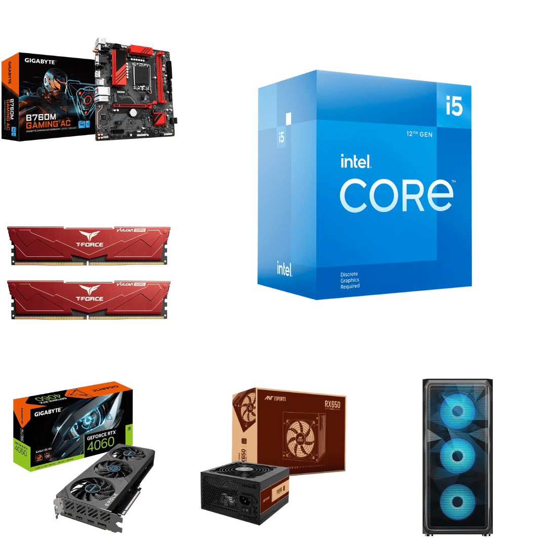 Assembled Computer KharidiyeBasic Intel Core i5-12400f with Gigabyte B760M Gaming AC Motherboard, 32GB Vulcan RAM DDR5, Gigabyte GeForce Eagle OC 8GB RTX 4060, Ant Esport RX650 80 Plus SMPS, Western Digital 1TB SSD, 4 Fan Cabinet