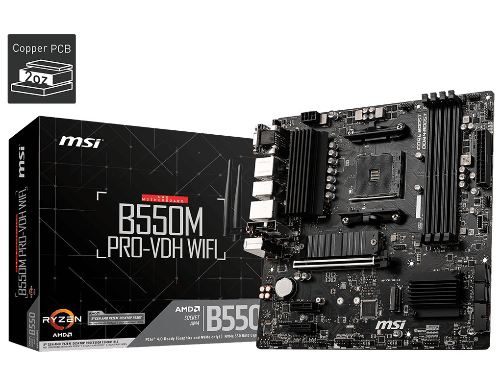 MSI B550M PRO‑VDH WiFi AM4 mATX Motherboard with DDR4 OC, PCIe 4.0, Dual M.2, Wi‑Fi & Bluetooth