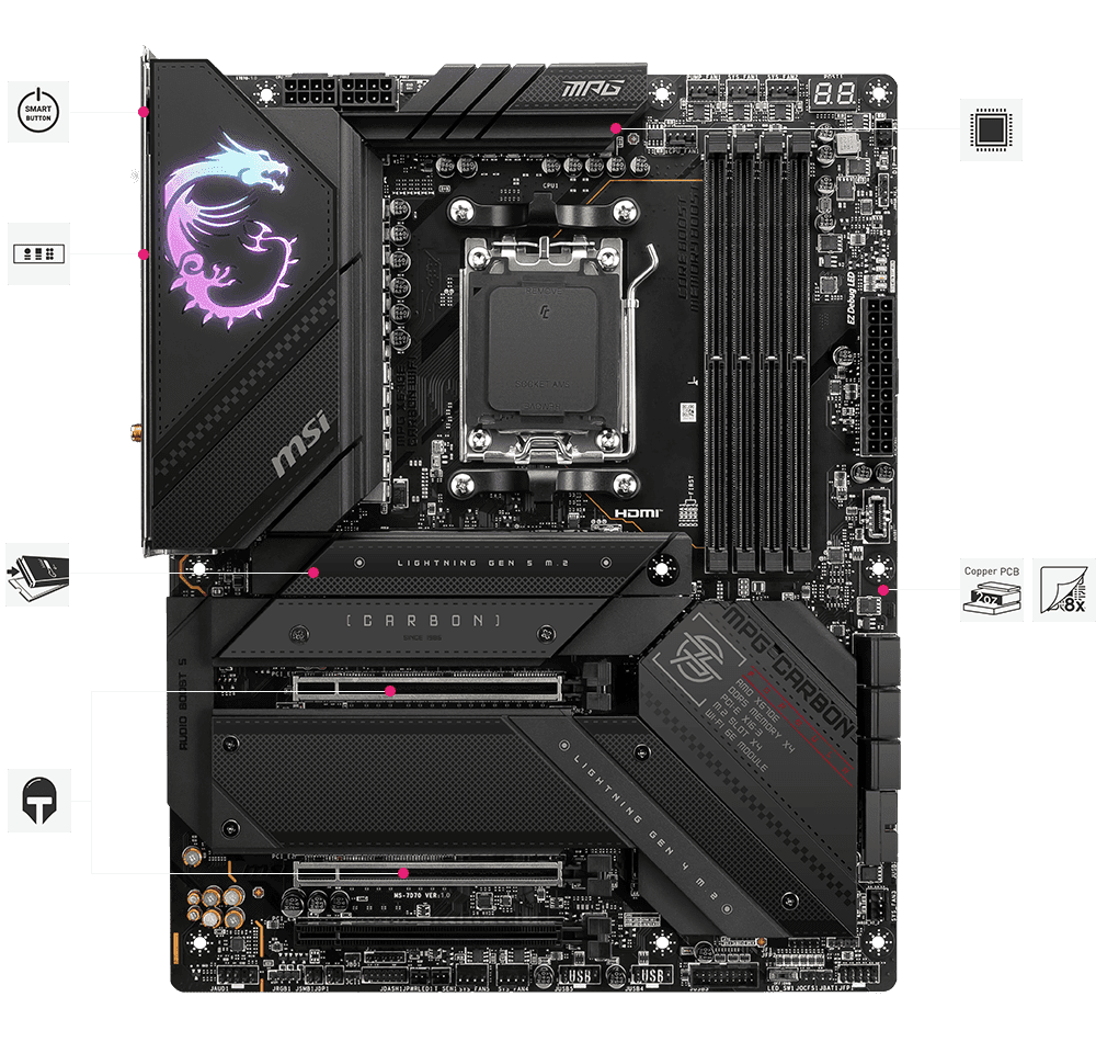 MSI MPG X670E Carbon WiFi ATX Motherboard AM5 DDR5 | Dual PCIe 5.0 x16, Quad M.2 Gen5/Gen4