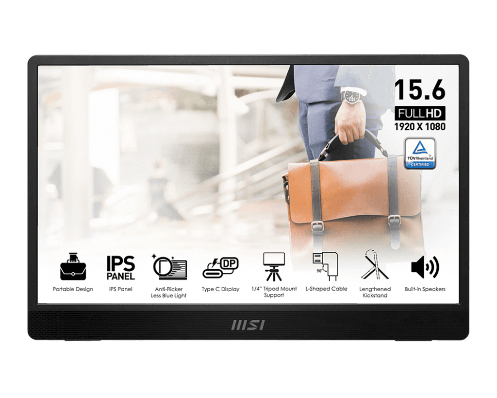 MSI PRO MP161E2 15.6 Inch FHD Portable IPS Monitor – USB‑C + Mini‑HDMI, 1.65 lb, Kickstand, Eye‑Care