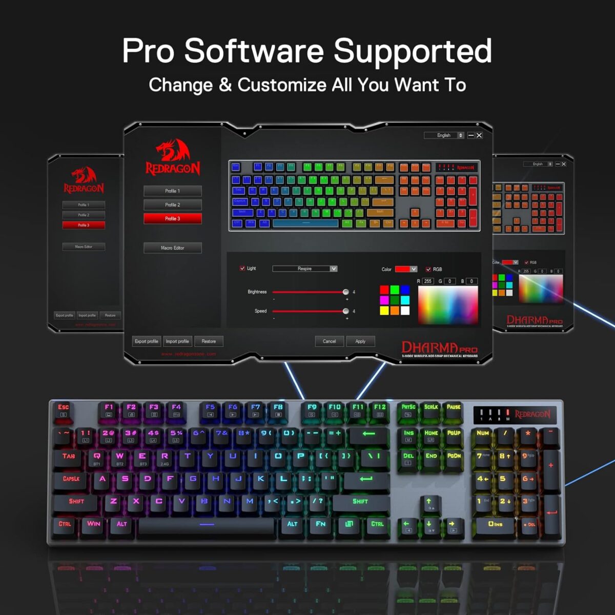 Redragon Dharma Pro K556 Pro - 104 Keys Bluetooth+2.4Ghz+Wired Mechanical Keyboard (Quiet Linear Red Switch)