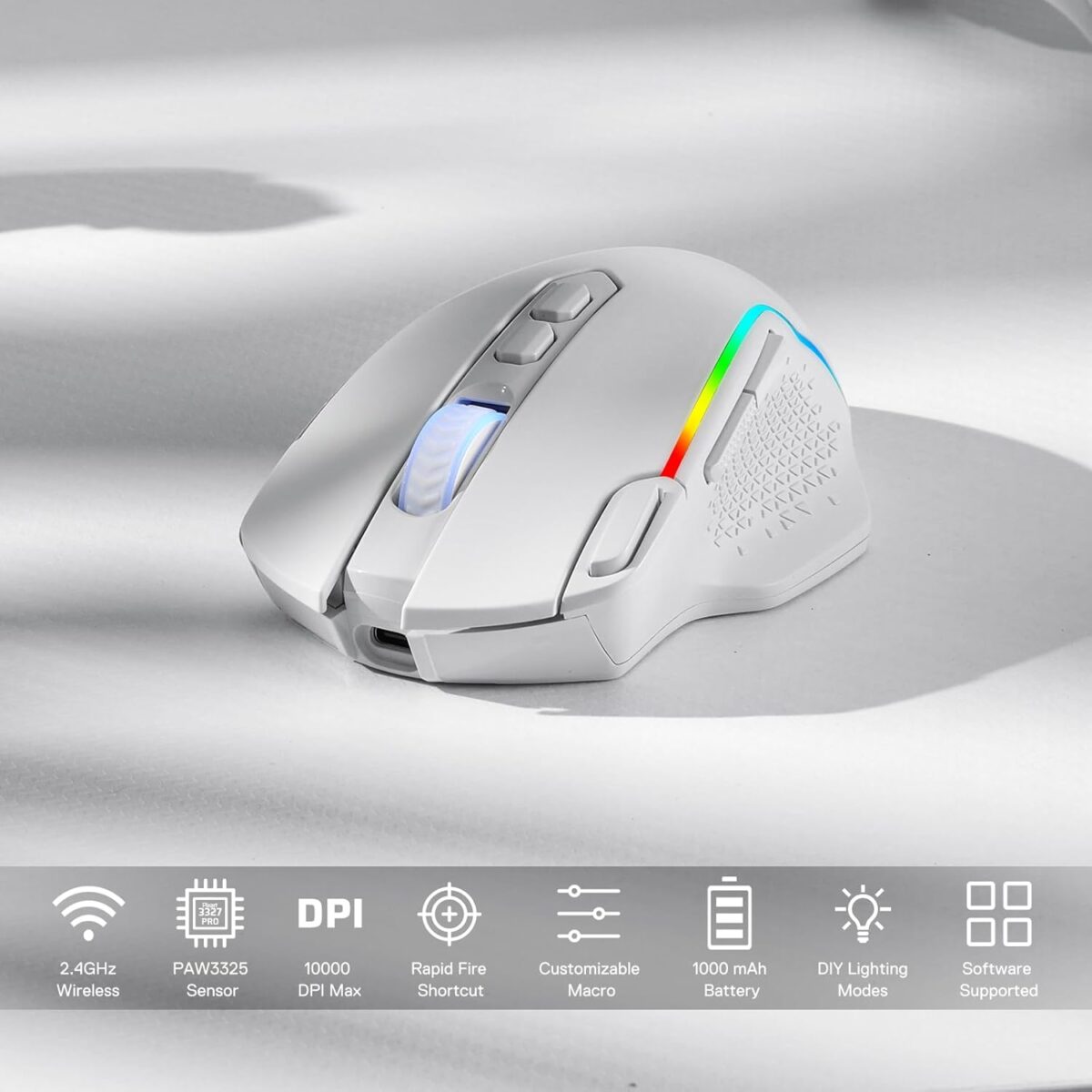 Redragon M810 Taipan Pro (Wired/Wireless/BT) – White Gaming Mouse