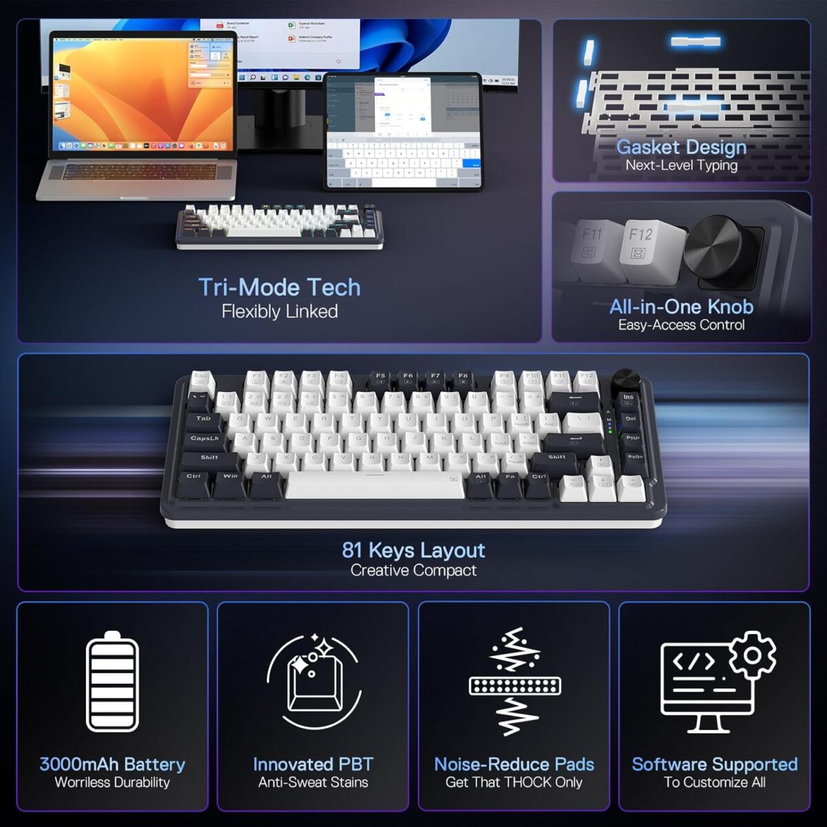 Redragon Ucal Pro K673 Pro - 75% Wired+2.4Ghz+BT Mechanical Keyboard White and Black ( Linear Red Switch)