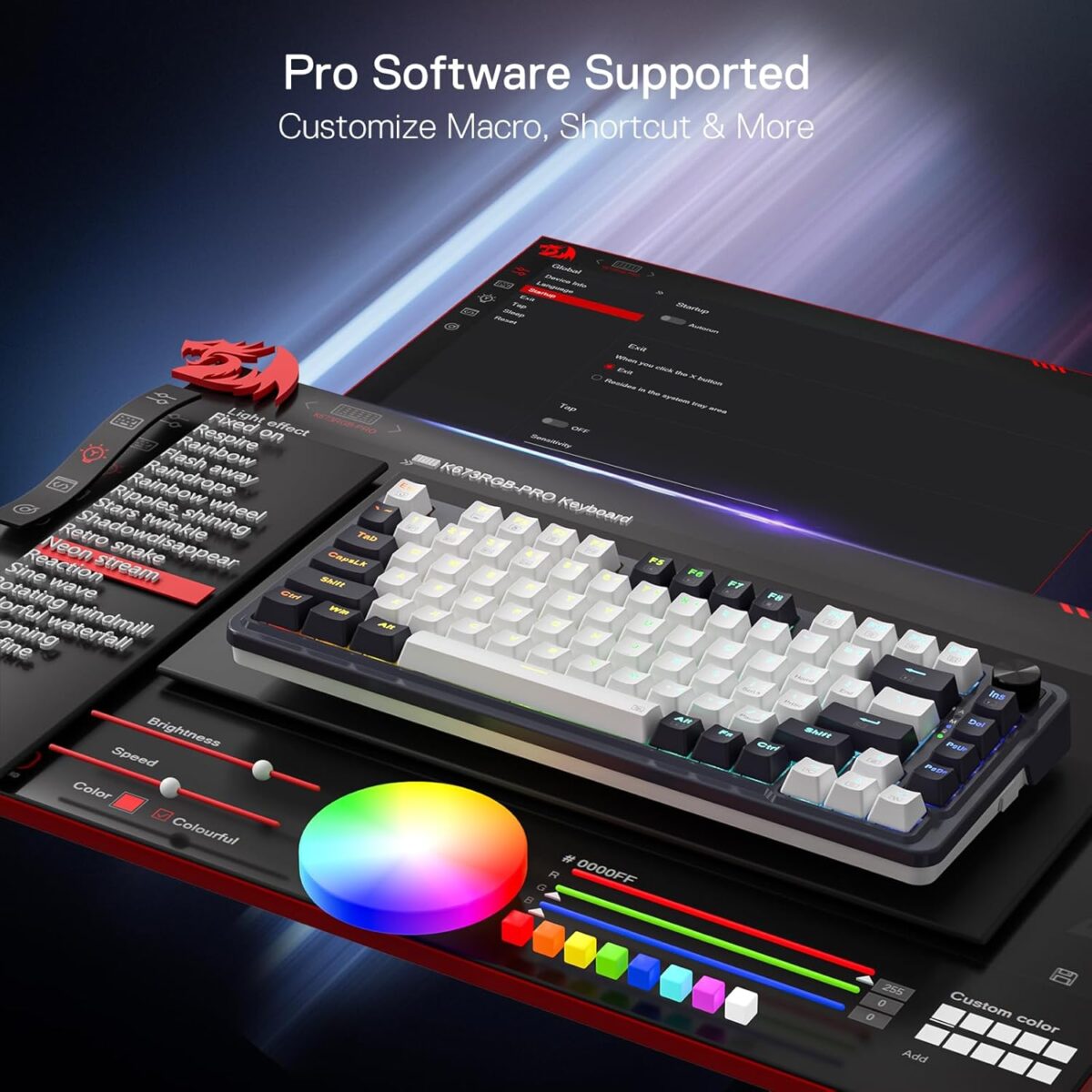Redragon Ucal Pro K673 Pro - 75% Wired+2.4Ghz+BT Mechanical Keyboard White and Black ( Linear Red Switch)