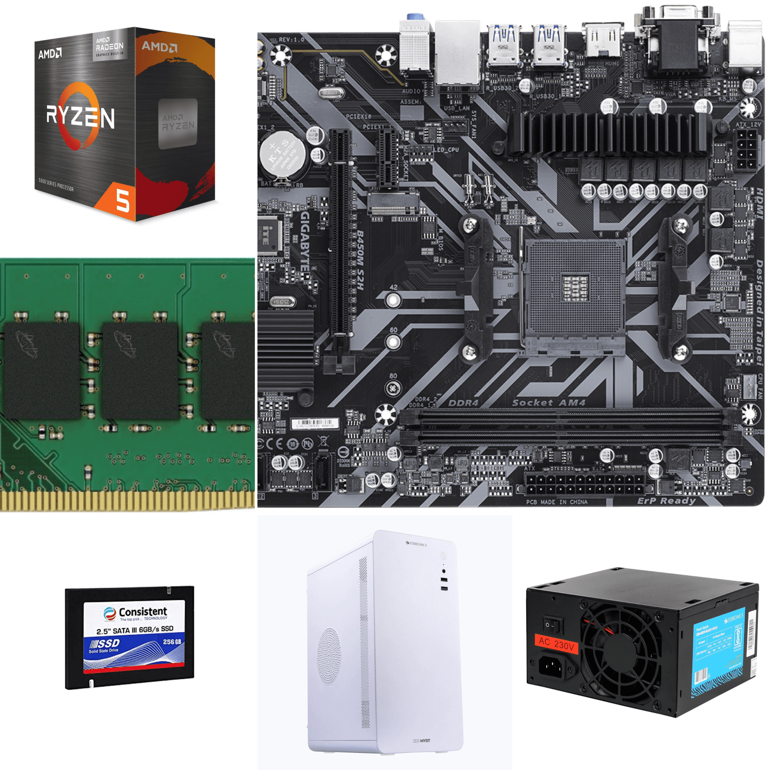 Assembled Computer Ryzen 5600G with B450M Motherboard – 8GB RAM, 256GB SSD, White Cabinet, 450W PSU