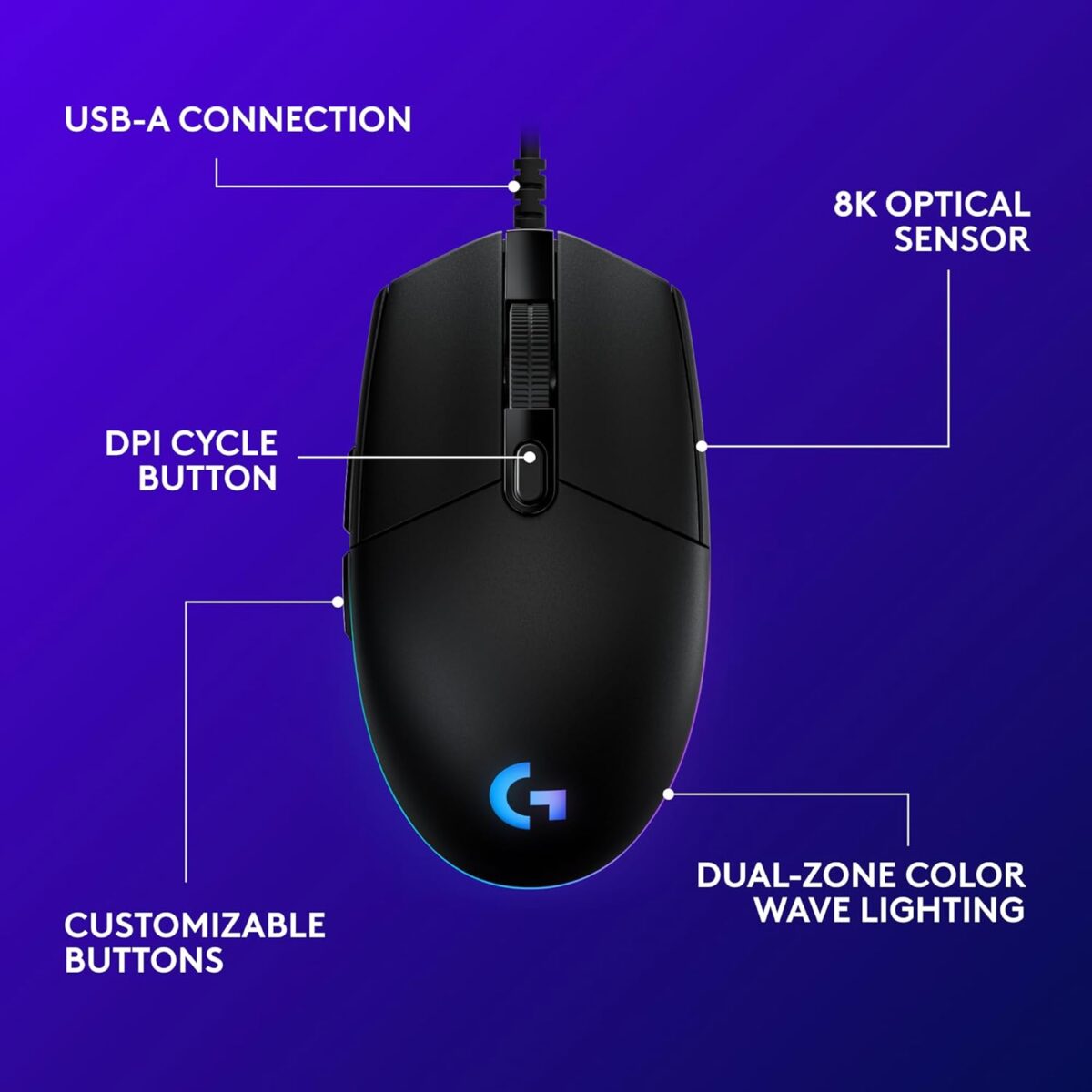 Logitech G203 Wired Gaming Mouse, 8,000 DPI, Rainbow Optical Effect LIGHTSYNC RGB, 6 Programmable Buttons, On-Board Memory, Screen Mapping, PC/Mac Computer and Laptop Compatible - Black - Image 3
