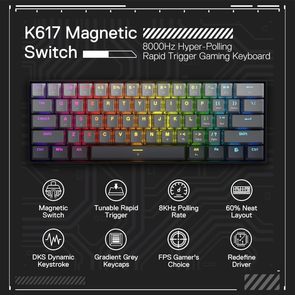 Redragon K617 Rapid Trigger Gaming Keyboard, 60% 61 Keys Wired Mechanical Keyboard w/Hyper-Fast Actuation, Dedicated Magnetic Switch, Actuation Point Adjustable, 8K Hz Polling Rate, Misty Grey - Image 9