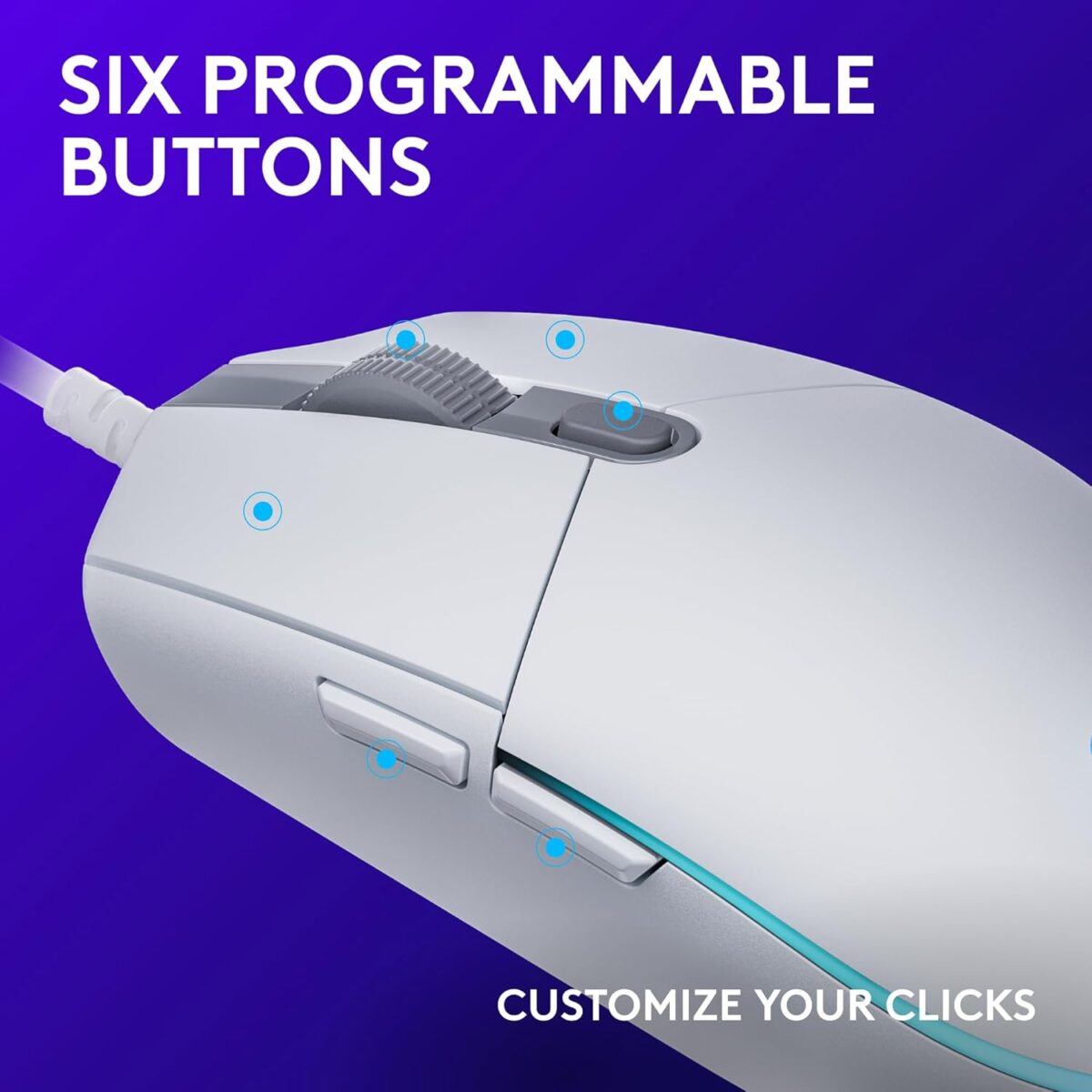Logitech G203 Wired Gaming Mouse, 8,000 DPI, Rainbow Optical Effect LIGHTSYNC RGB, 6 Programmable Buttons, On-Board Memory, Screen Mapping, PC/Mac Computer and Laptop Compatible - White - Image 7
