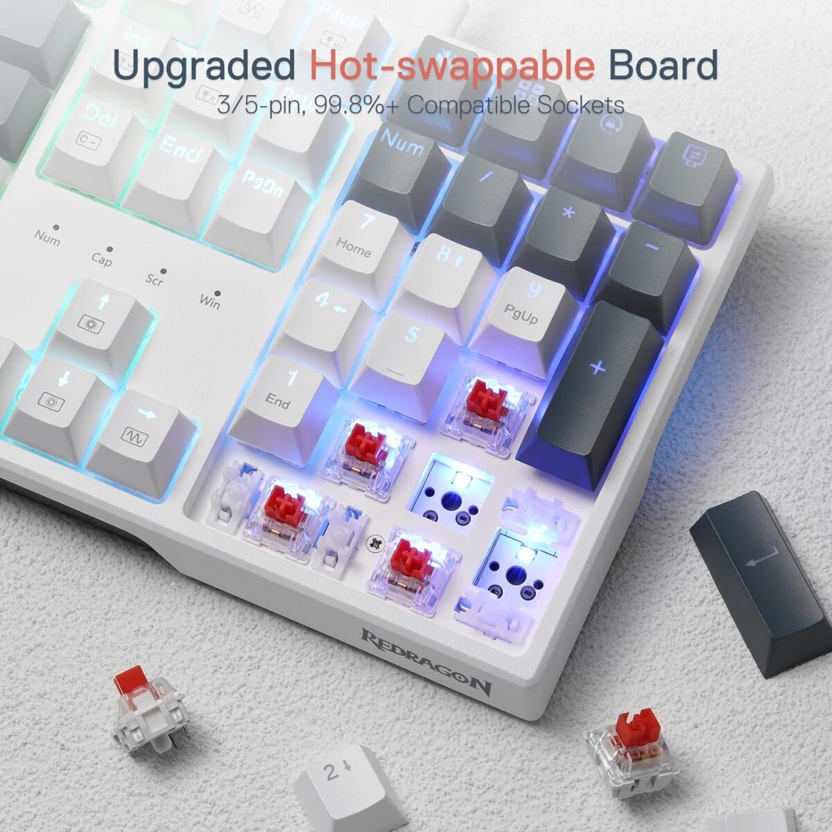 Redragon K668 RGB Gaming Keyboard, 104 Keys + Extra 4 Hotkeys Wired Mechanical Keyboard w/Sound Absorbing Foams, Upgraded Hot-swappable Socket, Mixed Color Keycaps, Red Switch - Image 5