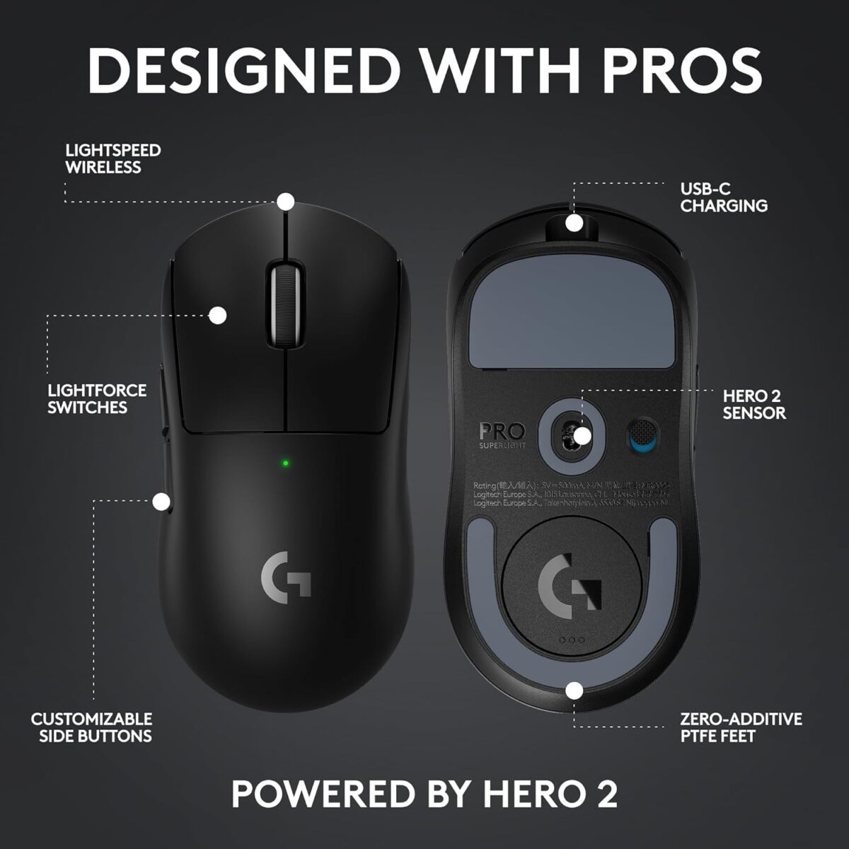Logitech G PRO X Superlight 2 Lightspeed Wireless Gaming Mouse, Lightweight, LIGHTFORCE Hybrid Switches, Hero 2 Sensor, 32,000 DPI, 5 Programmable Buttons, USB-C Charging, PC & Mac - Black - Image 3