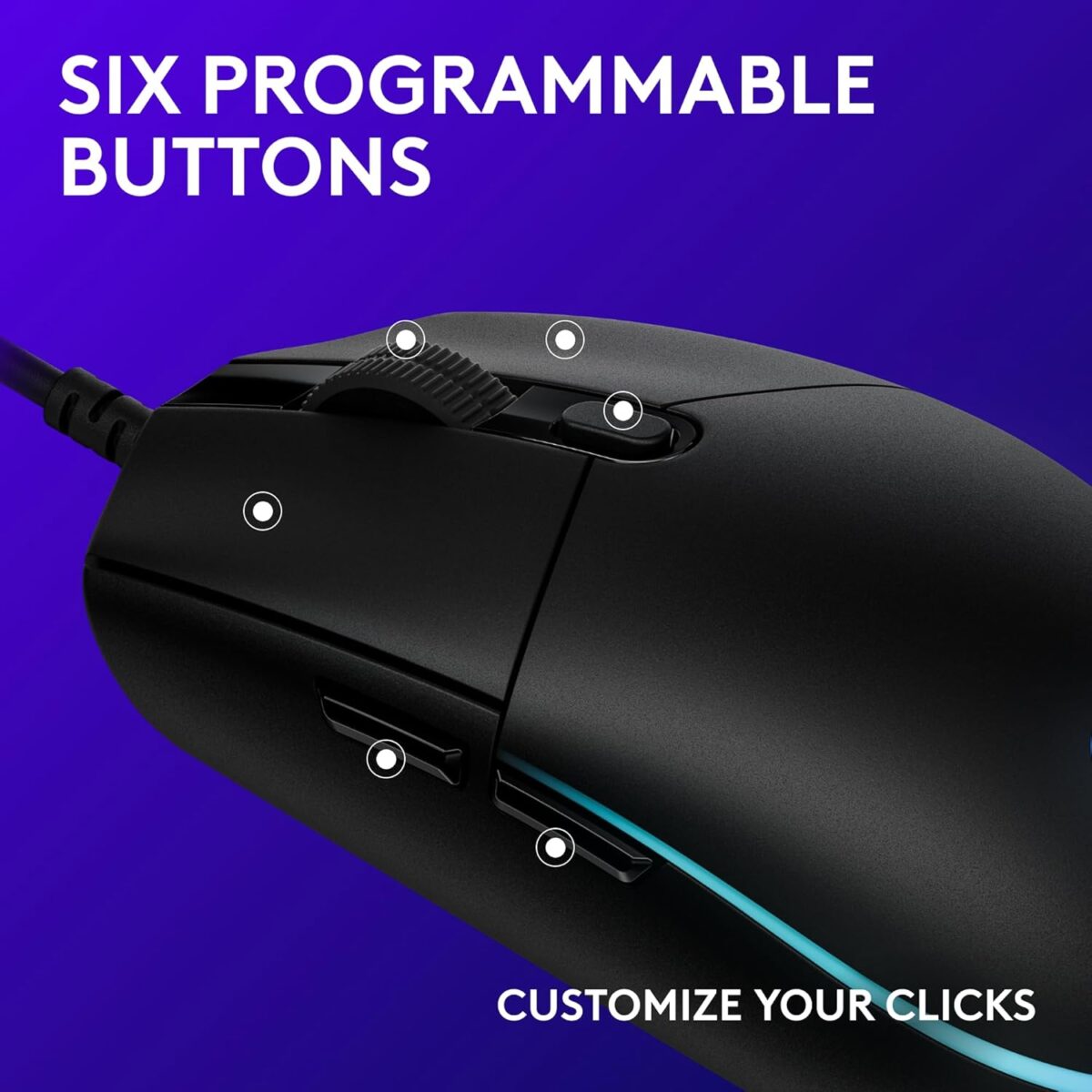 Logitech G203 Wired Gaming Mouse, 8,000 DPI, Rainbow Optical Effect LIGHTSYNC RGB, 6 Programmable Buttons, On-Board Memory, Screen Mapping, PC/Mac Computer and Laptop Compatible - Black - Image 6