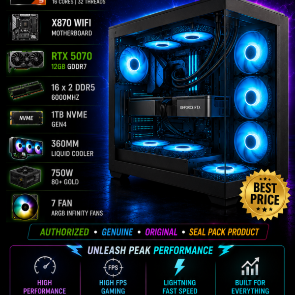 AR ShadowForce Pre Build PC | Ryzen 9 9950X | RTX 5070 12GB | X870 WIFI Motherboard | 32GB DDR5 6000MHz RAM | 1TB Gen4 NVMe SSD | 360MM Liquid Cooler | 7 ARGB Infinity Fans
