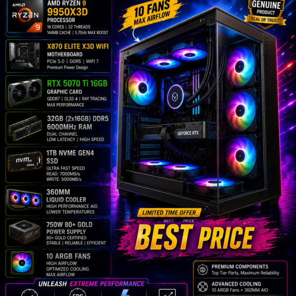 AR DarkMatter Pre Build Gaming PC | Ryzen 9 9950X3D | RTX 5070 12GB Graphics | X870 Elite X3D WIFI | 32GB DDR5 6000MHz | 1TB Gen4 NVMe SSD | 360MM AIO Liquid Cooler | 7 ARGB Infinity Fans Cabinet