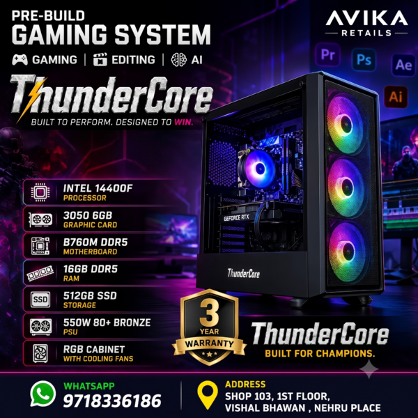 AR Thundercore Pre-Build Gaming PC | Intel i5 14400F Processor | RTX 3050 6GB Graphics | B760M DDR5 Motherboard | 16GB DDR5 RAM | 512GB SSD | RGB Cabinet
