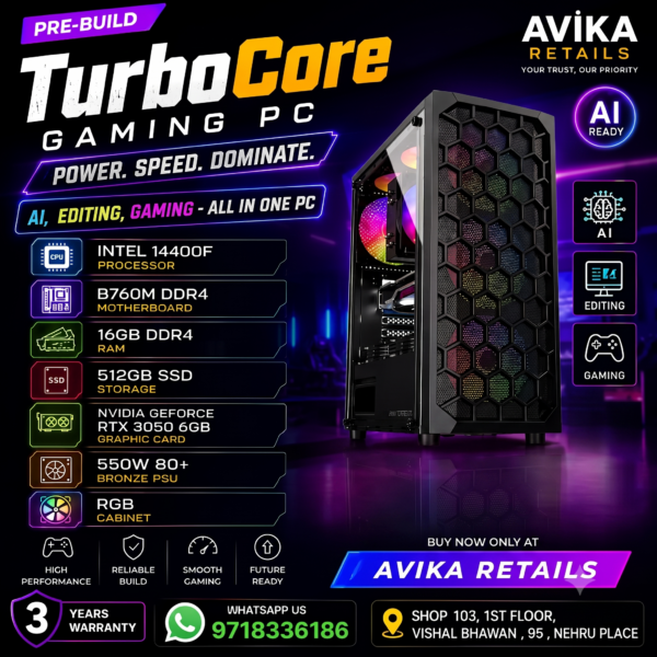 AR Turbocore Pre-Build Gaming PC | Intel i5 14400F Processor | RTX 3050 6GB Graphics | 16GB DDR4 RAM | 512GB SSD | RGB Cabinet