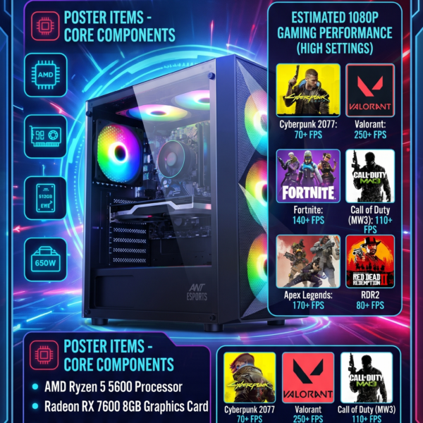 AR UltraForge 5600 PRO Pre build Gaming PC | AMD Ryzen 5 5600 Processor | A520M-K Motherboard | RX 7600 8GB Graphics Card | 16GB x 1 DDR4 RAM 3200Mhz | 512GB NVME SSD | 650W Power Supply | 4 fan RGB Cabinet