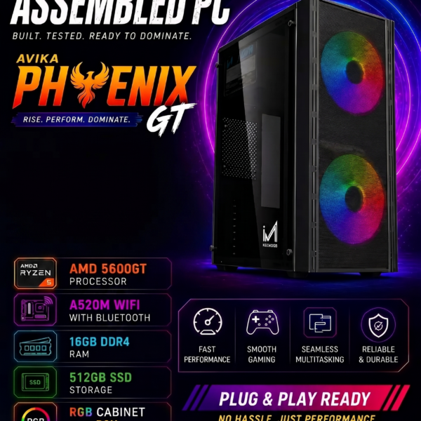 AR Phoenix GT 5600GT Pre Build PC | AMD 5600GT Processor | A520M Wifi Motherboard | 16GB DDR4 RAM, 512GB SSD Storage, RGB Gaming Cabinet with PSU