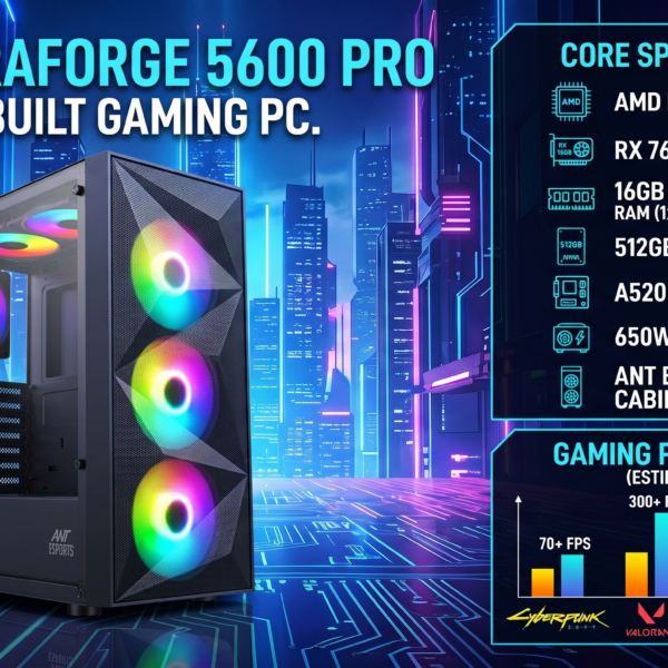 AR UltraForge 5600 PRO Pre build Gaming PC | AMD Ryzen 5 5600 Processor | A520M With WIFI Bluetooth Motherboard | RX 7600 8GB Graphics Card | 16GB x 1 DDR4 RAM 3200Mhz | 512GB NVME SSD | 650W Power Supply | 4 fan RGB Cabinet