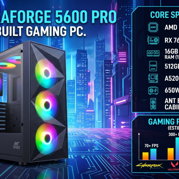 AR UltraForge 5600 PRO Pre build Gaming PC | AMD Ryzen 5 5600 Processor | A520M With WIFI Bluetooth Motherboard | RX 7600 8GB Graphics Card | 16GB x 1 DDR4 RAM 3200Mhz | 512GB NVME SSD | 650W Power Supply | 4 fan RGB Cabinet