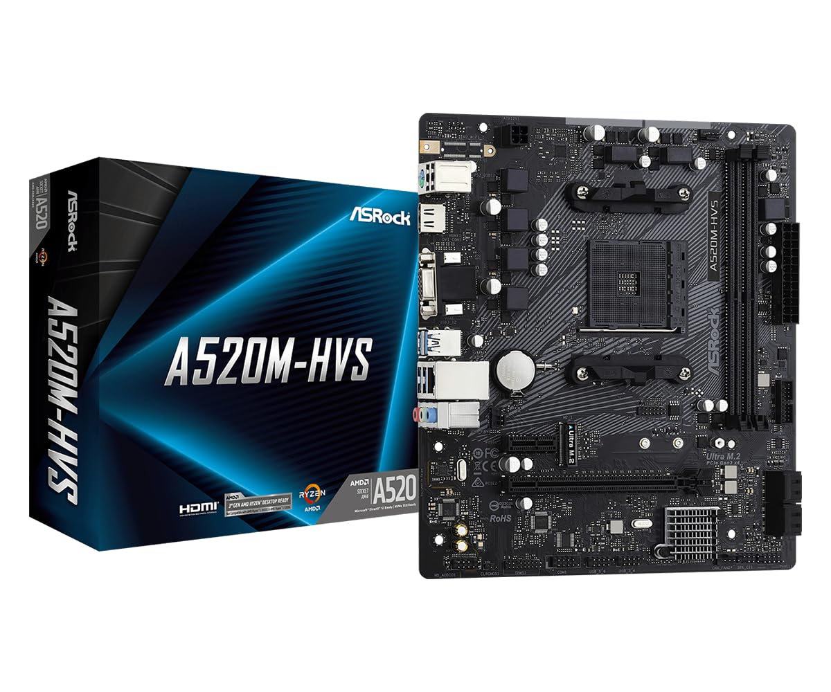 71S7GUFG-sL._SL1200_ ASRock A520M-HVS AMD A520 Micro ATX Motherboard | AM4 Socket | DDR4 4733+ OC | Ultra M.2 PCIe Gen3 x4 | HDMI 4K | USB 3.2 Gen1 - Image 1