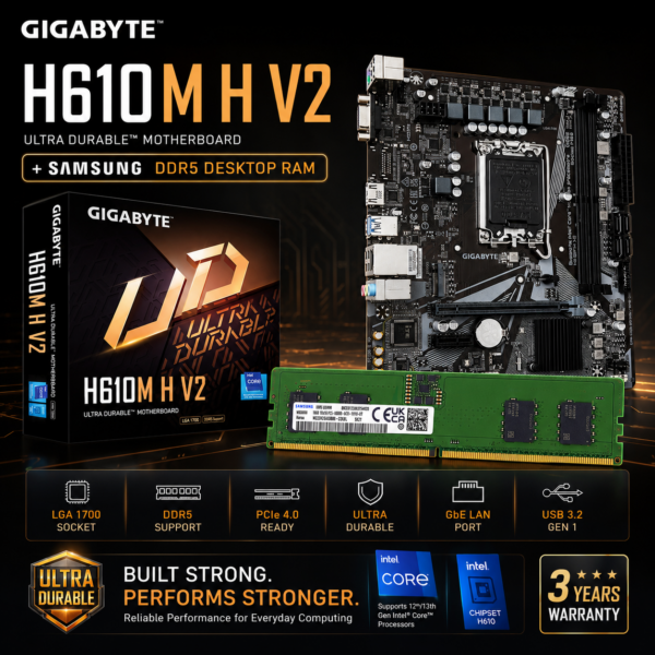 Gigabyte H610M H V2 Motherboard DDR5 with Samsung 8GB DDR5 4800Mhz Desktop RAM (COMBO OFFER)