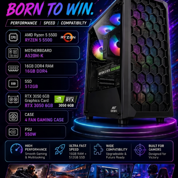 AR Cyber Titan Pre Build Gaming PC | AMD Ryzen 5 5500 Processor | A520M-K Motherboard | 16GB DDR4 RAM | 512GB SSD | RTX 3050 6GB Graphics Card| 550W PSU | 4 Fan Gaming Case