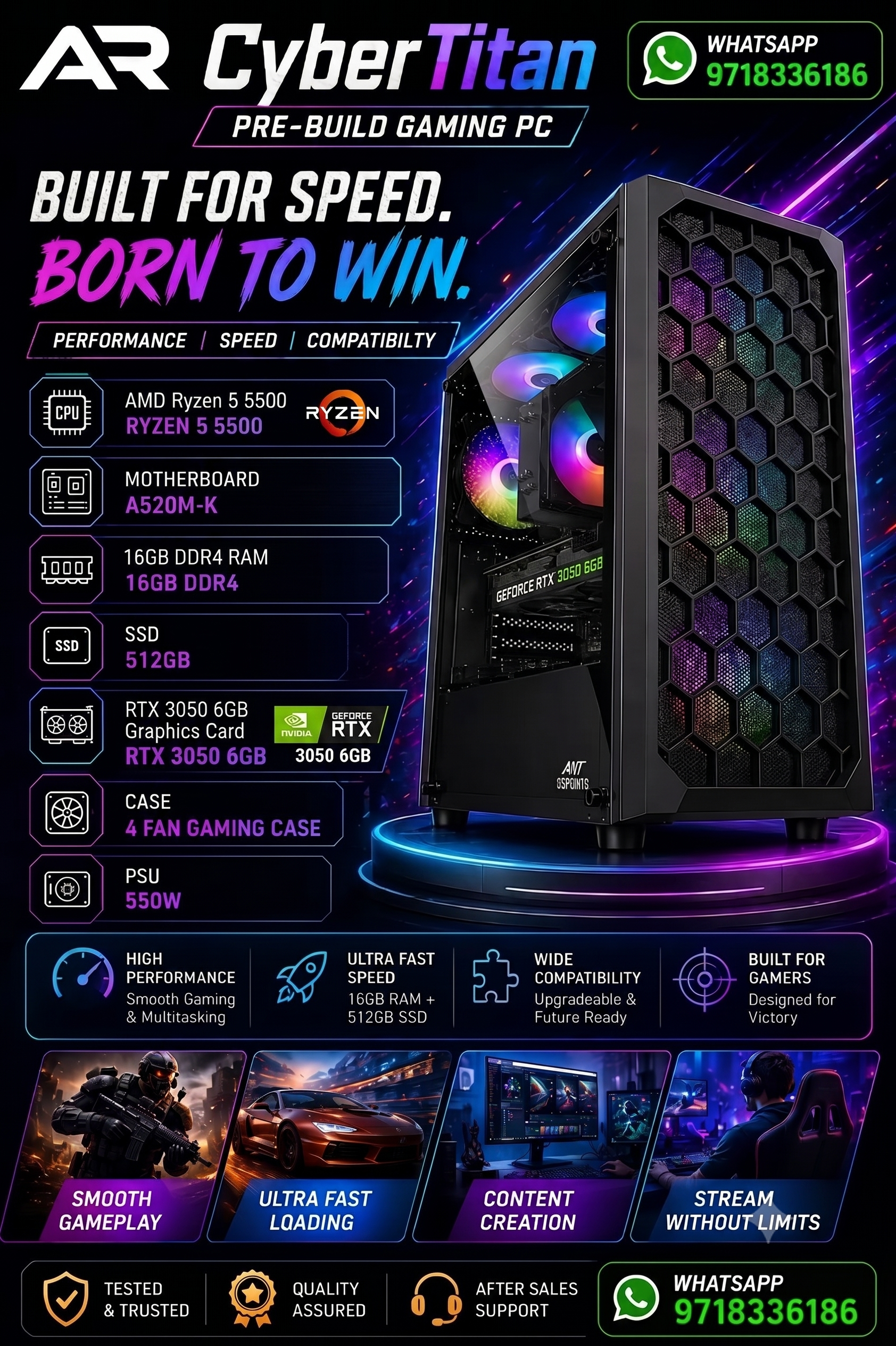 cyber titan 3050 AR Cyber Titan Pre Build Gaming PC | AMD Ryzen 5 5500 Processor | A520M-K Motherboard | 16GB DDR4 RAM | 512GB SSD | RTX 3050 6GB Graphics Card| 550W PSU | 4 Fan Gaming Case - Image 1