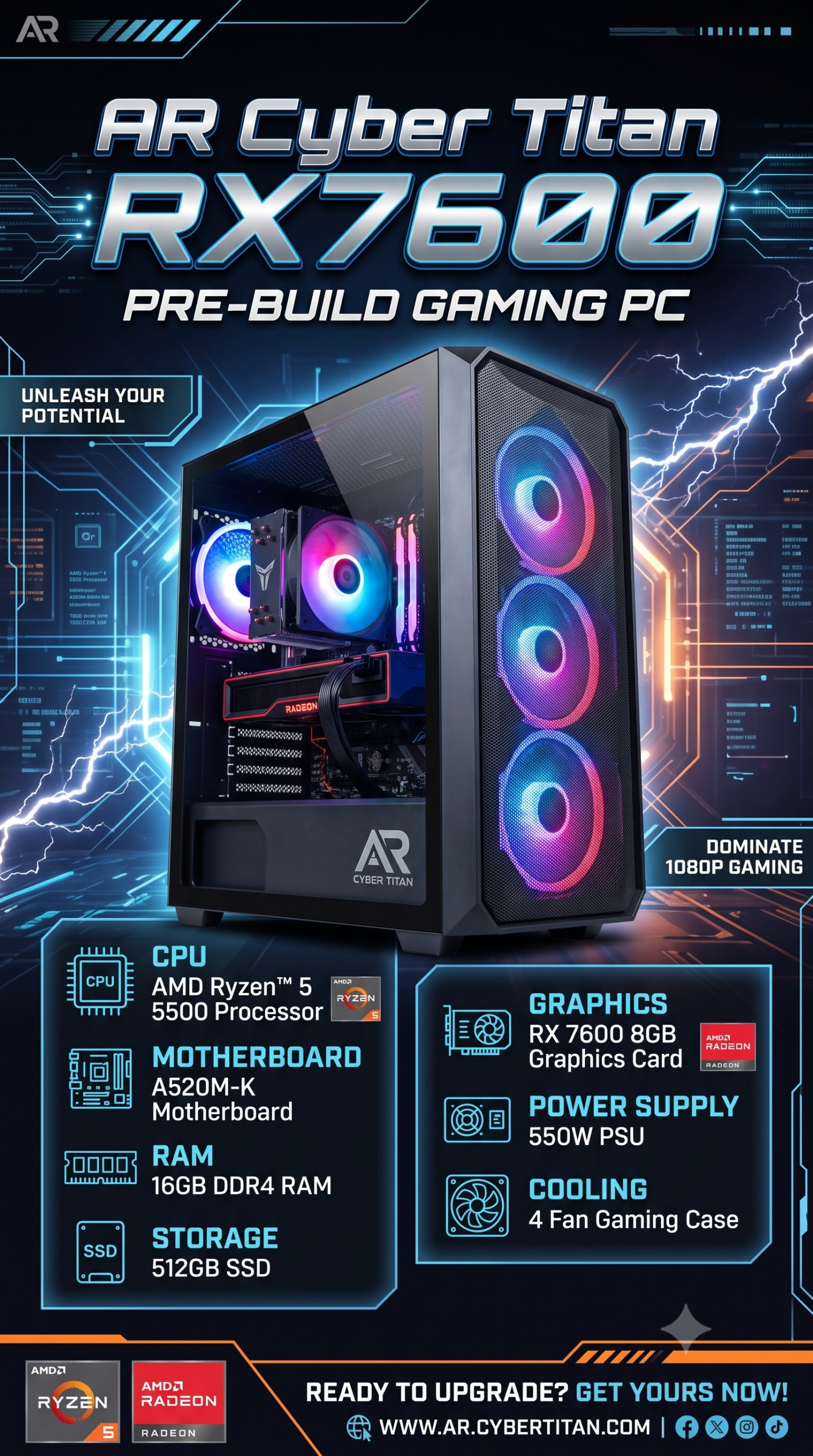 titan rx7600 AR Cyber Titan RX7600 Pre Build Gaming PC | AMD Ryzen 5 5500 Processor | A520M-K Motherboard | 16GB DDR4 RAM | 512GB Nvme SSD | RX 7600 8GB Graphics Card| 550W PSU | 4 Fan Gaming Case - Image 1